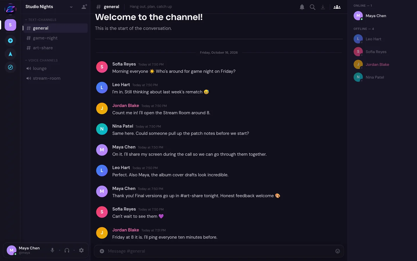 A text channel in an Emix space, with a conversation about planning a game night