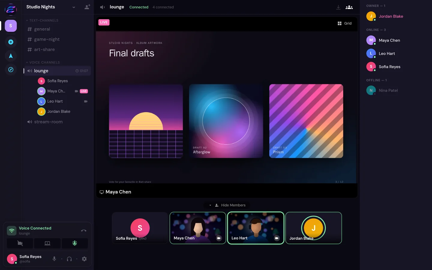 A screen share of album artwork drafts in an Emix call, with participants below