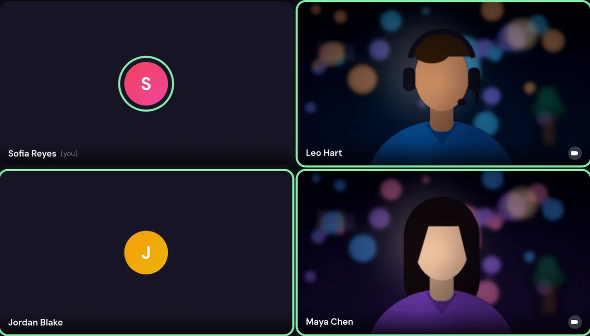Video tiles in an Emix call, with speaking indicators